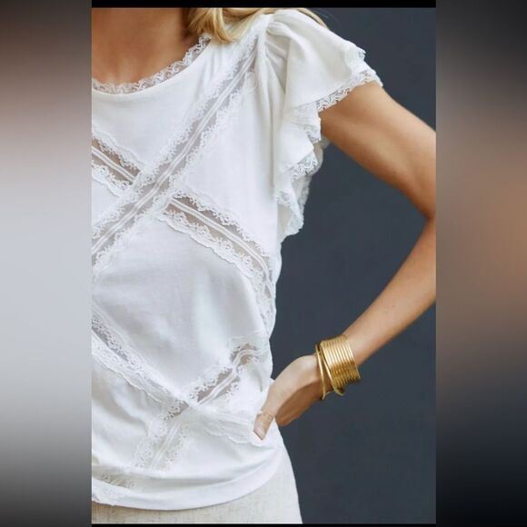 Anthropologie White Flutter Sleeve Spliced Lace Tee Shirt - Picture 2 of 3